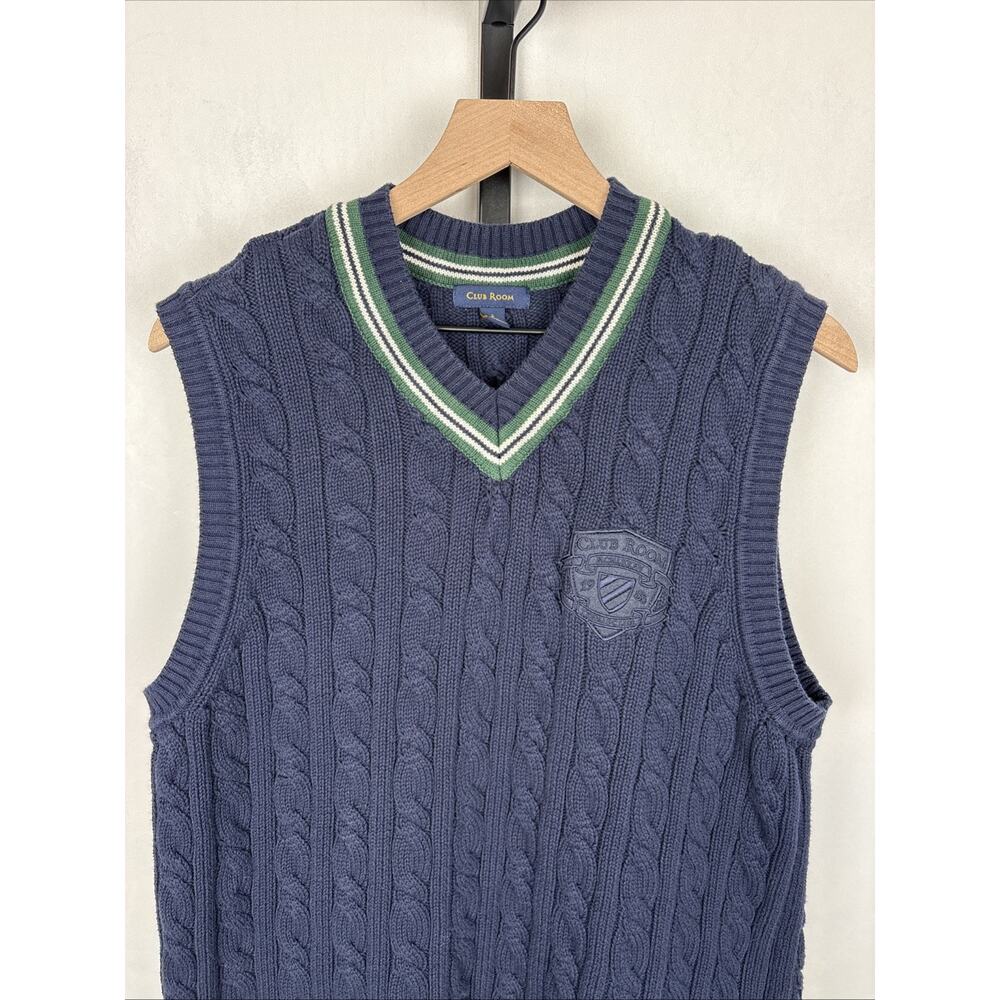 Club Room Sweater Vest Mens Large Cable Knit Navy Blue Cotton Logo Academia Golf - Picture 2 of 9